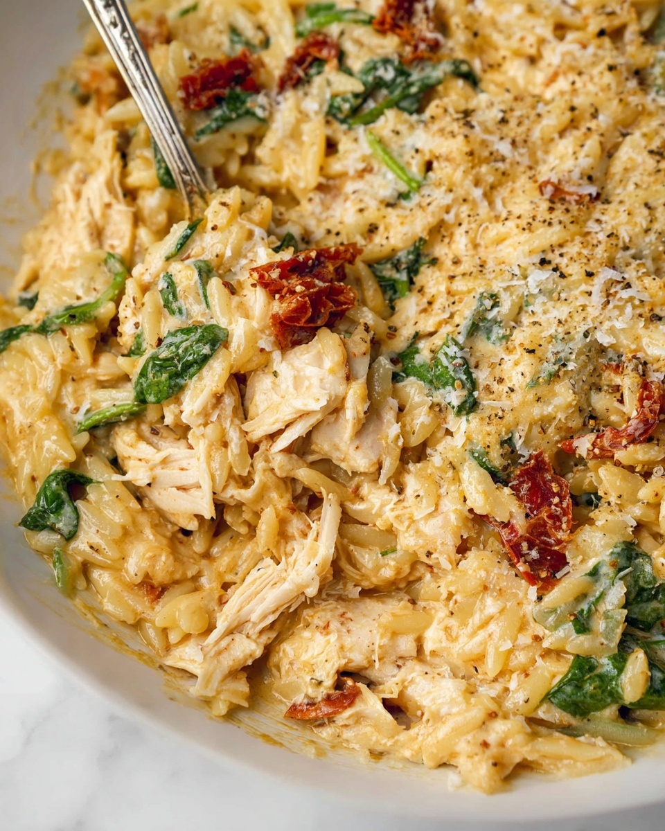 Marry Me Chicken Orzo {One Pot} Recipe 6 Large white skillet filled with creamy, cheesy orzo pasta mixed with shredded chicken, baby spinach, and sun-dried tomatoes, topped with grated Parmesan and a sprinkle of black pepper, whole dish presented on a white marble countertop, natural lighting showcasing vibrant colors, professional food styling photo taken with an iphone --ar 4:5 --v 7