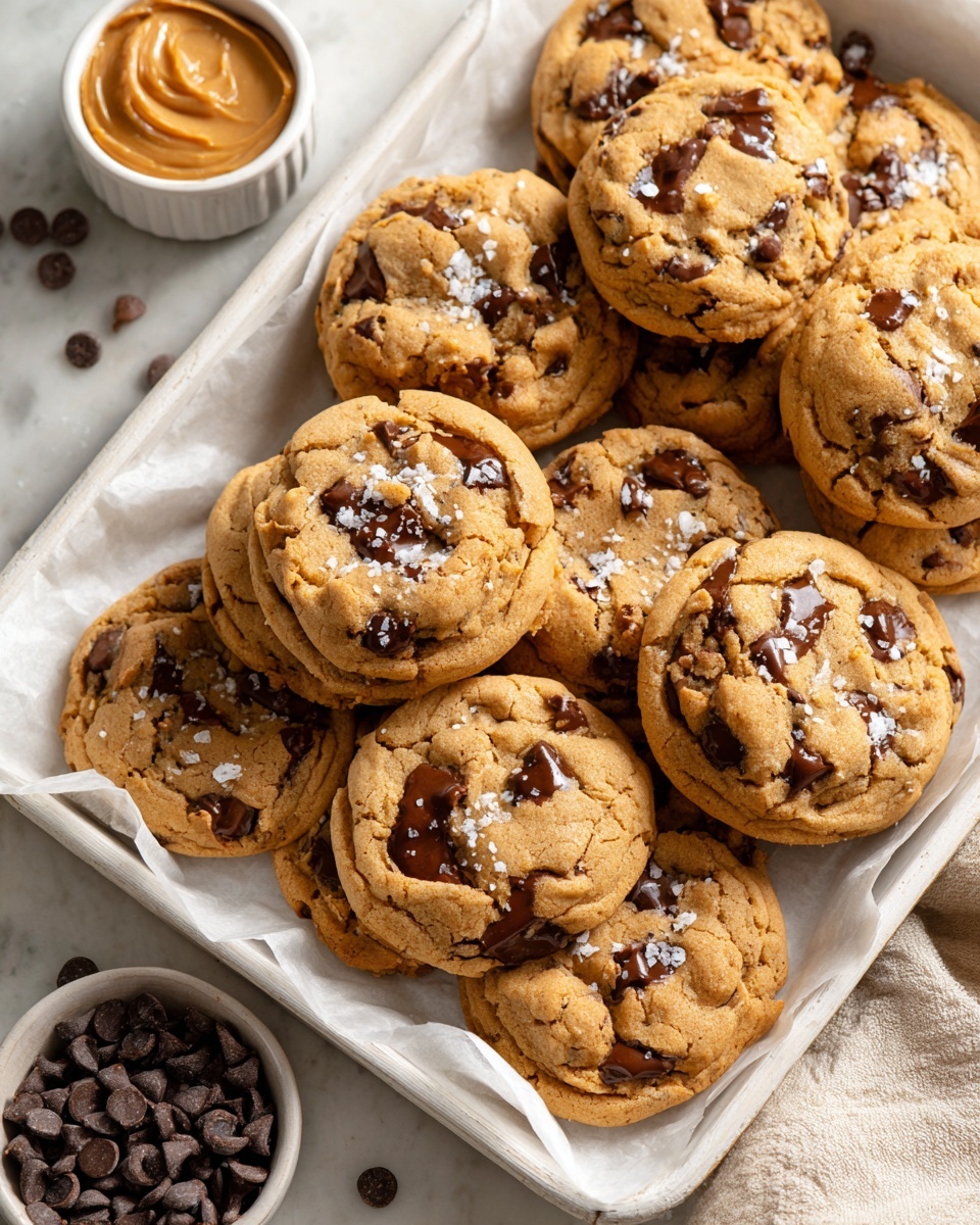 Large white rectangular baking sheet filled with an array of freshly baked chocolate chip cookies, golden brown with melty dark chocolate chunks and sprinkled lightly with flaky sea salt, a small white bowl of smooth peanut butter and a scattering of extra chocolate chips beside the cookies, all placed on white parchment paper, photographed from a 3/4 angle on a white marble surface with natural lighting, professional food magazine hero shot, photo taken with an iphone --ar 4:5 --v 7