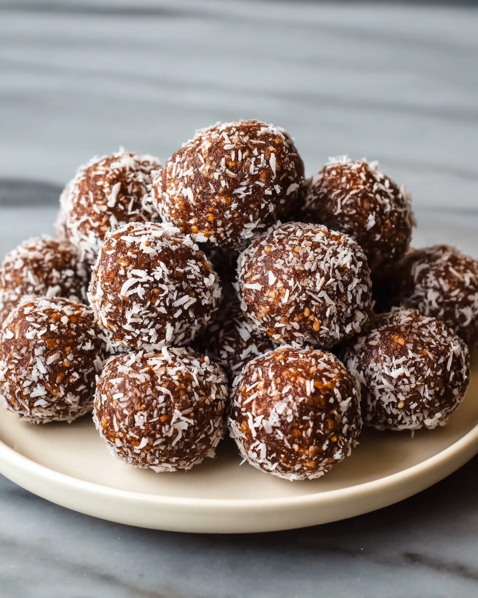 No-Bake Coconut Energy Balls Recipe 6 White round serving plate filled with a full arrangement of round chocolate energy balls coated with shredded coconut, the whole dish showing textured, rich brown centers speckled with coconut flakes, all neatly piled and evenly sized, photographed from a 3/4 angle on a white marble background with natural lighting, professional food magazine hero shot photo taken with an iphone --ar 4:5 --v 7