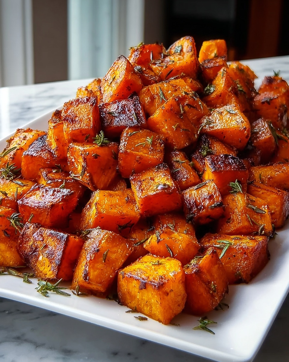 Roasted Sweet Potatoes Recipe 6 Large white rectangular serving platter heaped with perfectly roasted cubed sweet potatoes, glistening with a light coating of olive oil and sprinkled generously with fresh herbs like thyme and rosemary, each cube beautifully caramelized to a golden brown with slightly charred edges, presented as the whole dish on a white marble countertop with natural lighting, professional food magazine hero shot, photo taken with an iphone --ar 4:5 --v 7