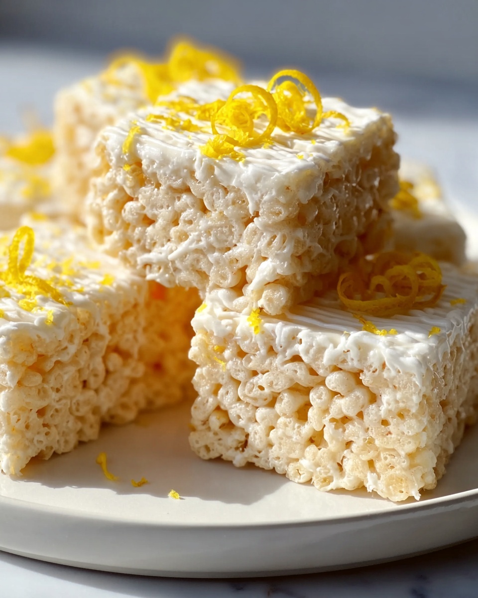 Large square white baking dish filled with a complete, uncut tray of lemon rice krispie treats, featuring tightly packed golden puffed rice cereal bound with creamy marshmallow, drizzled generously with white icing, and decorated with finely twisted lemon zest curls on top, photographed from a professional 3/4 angle on a white marble countertop with natural lighting, styled as a hero food magazine shot, photo taken with an iphone --ar 4:5 --v 7