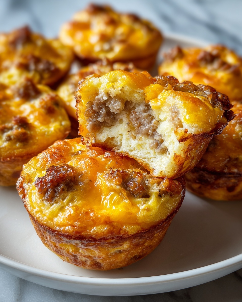 Large white rectangular serving tray filled with an entire batch of golden-brown savory sausage and cheddar cheese muffins, each muffin perfectly rounded and topped with melted orange cheddar cheese and chunks of browned sausage, arranged closely together in neat rows, whole dish captured from a 3/4 angle on a white marble countertop with natural lighting, professional food magazine hero shot photo taken with an iphone --ar 4:5 --v 7