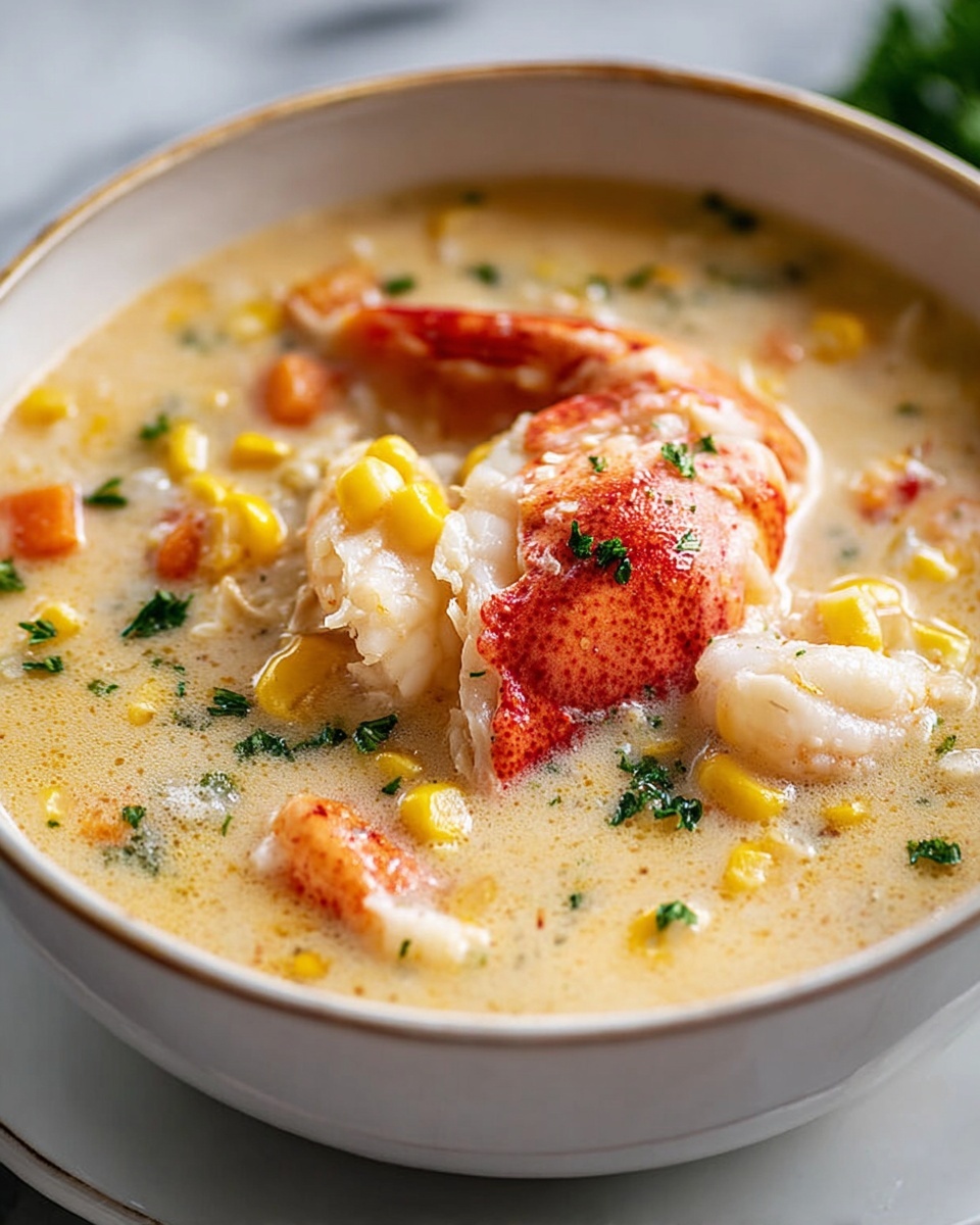 Large white ceramic bowl filled with creamy lobster chowder, featuring whole lobster claws, chunks of tender lobster meat, bright yellow corn kernels, and finely chopped herbs, garnished with fresh parsley, filled to the brim and displayed as a whole serving, professional 3/4 angle shot on white marble surface with natural lighting, styled like a food magazine hero shot, photo taken with an iphone --ar 4:5 --v 7