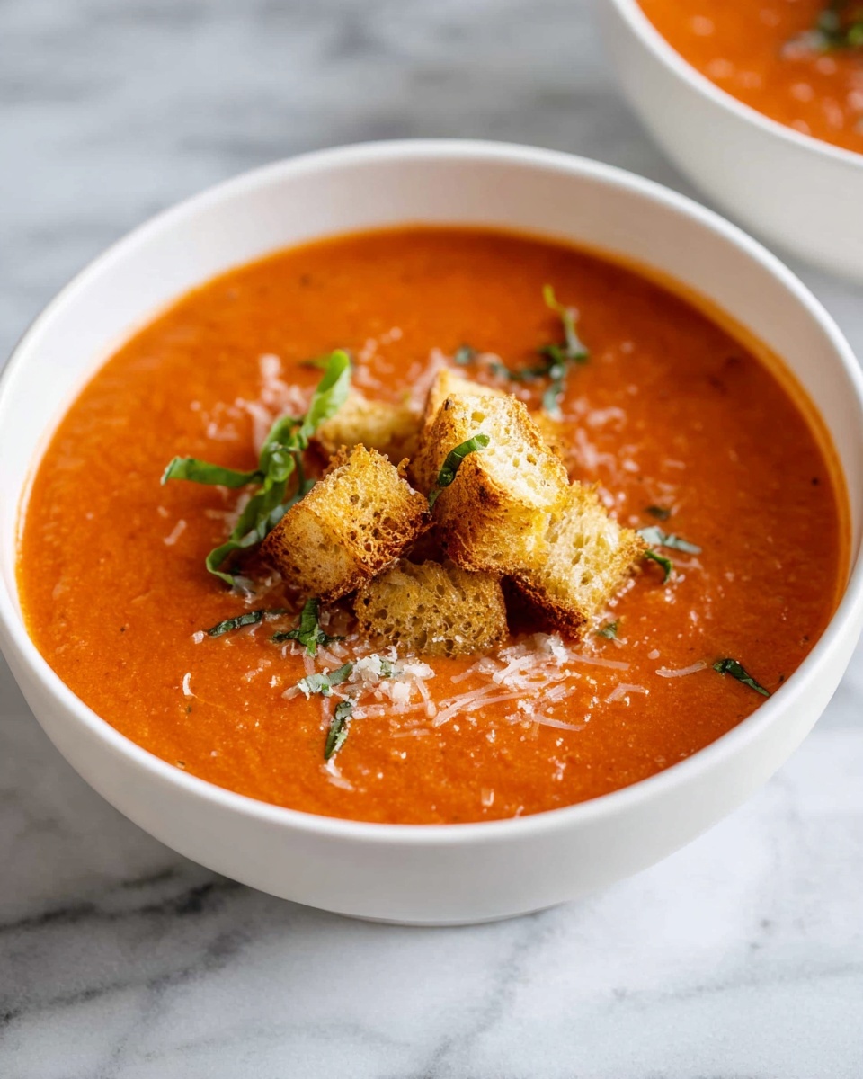 Large white ceramic pot filled with rich, creamy tomato basil soup, topped with golden, herb-infused croutons and fresh basil leaves, whole pot presented on a white marble countertop, natural lighting highlighting the vibrant orange-red color and texture of the soup, professional food styling photo taken with an iphone --ar 4:5 --v 7