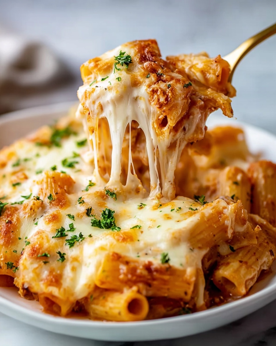 Instant Pot Chicken Parmesan Pasta Recipe 6 Large white round baking dish filled with a bubbling rigatoni pasta casserole smothered in rich tomato meat sauce and topped with a generous layer of melted golden mozzarella cheese, garnished with fresh chopped parsley, surrounded by fresh cherry tomatoes, a bowl of grated Parmesan cheese, crusty golden bread slices, and sprigs of fresh parsley, all placed on a white marble countertop, captured in natural light from a 3/4 angle, professional food styling, photo taken with an iphone --ar 4:5 --v 7