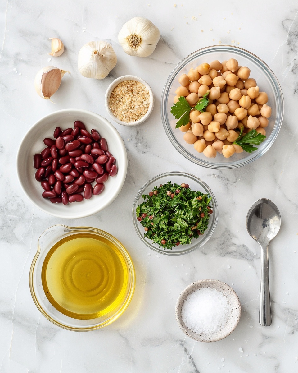 A single white bowl containing a close-up serving of mixed chickpeas and kidney beans, lightly seasoned with herbs and cracked black pepper, showcasing the contrasting creamy beige and deep red colors of the beans with scattered fresh green herbs on top. The bowl is placed on a white marble surface with natural lighting, emphasizing the fresh and hearty textures of the legume salad, styled as an intimate ready-to-eat portion. photo taken with an iphone --ar 4:5 --v 7