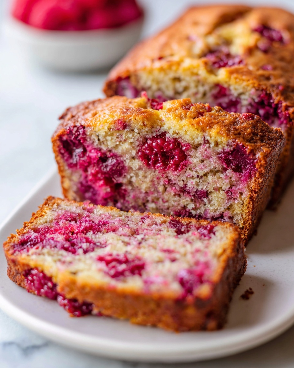 A whole golden-brown raspberry bread loaf, plump with juicy red raspberries embedded throughout, crisply baked with a slightly crumbly top dusted lightly with powdered sugar, presented on a simple white rectangular platter, photographed from a 3/4 angle to capture the full uncut loaf in an elegant, natural light setting on a white marble countertop, styled as a hero food magazine shot, photo taken with an iphone --ar 4:5 --v 7