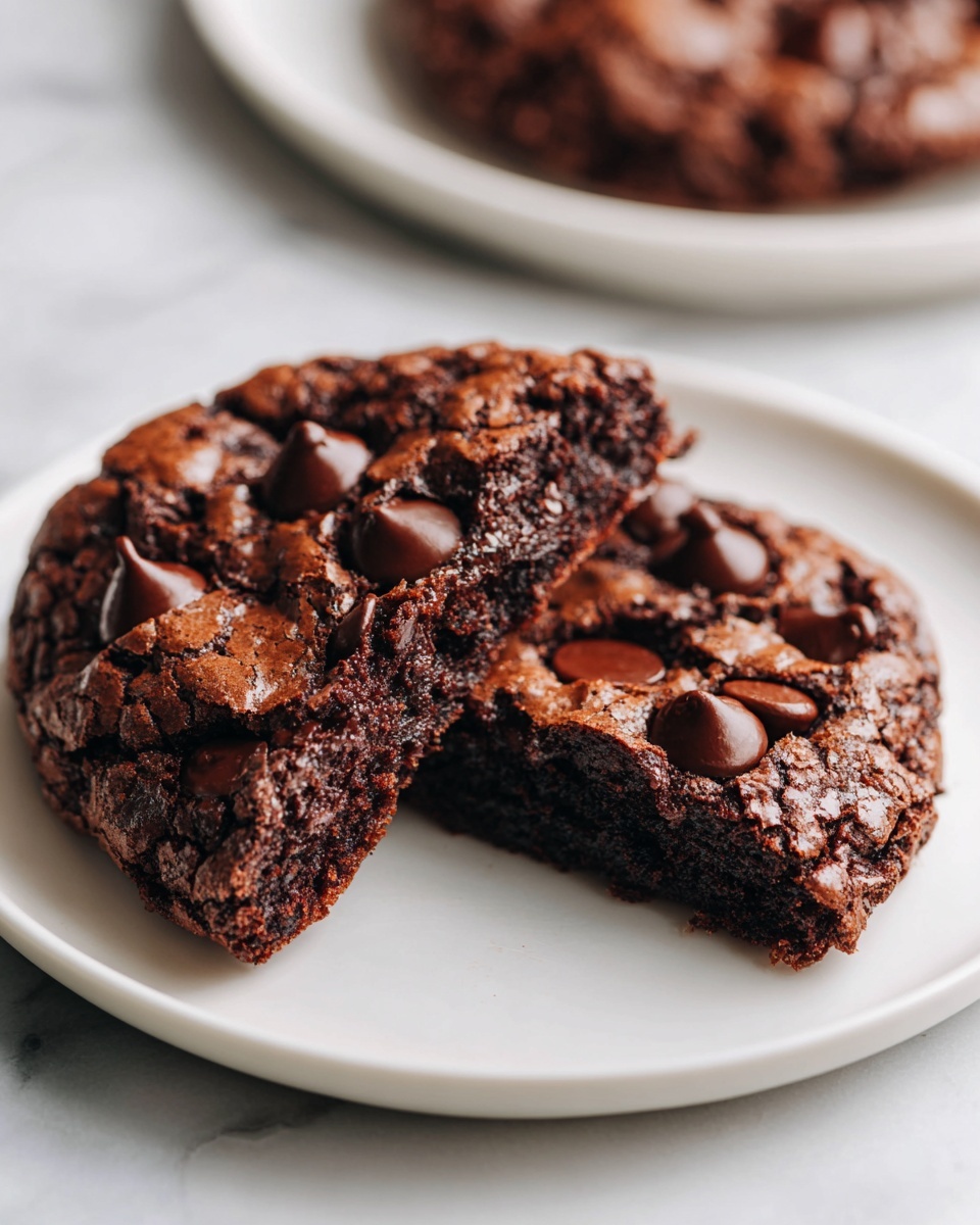 Easy Chocolate Chocolate Chip Cookies Recipe 6 Large white plate filled with a dozen freshly baked chocolate cookies studded generously with shiny melted chocolate chips, arranged neatly on a black cooling rack, rich dark chocolate tones contrasting with the white marble background, natural lighting highlighting the soft texture and glossy chocolate, whole dish photographed from a 3/4 angle on a clean white marble countertop, professional food styling photo taken with an iphone --ar 4:5 --v 7