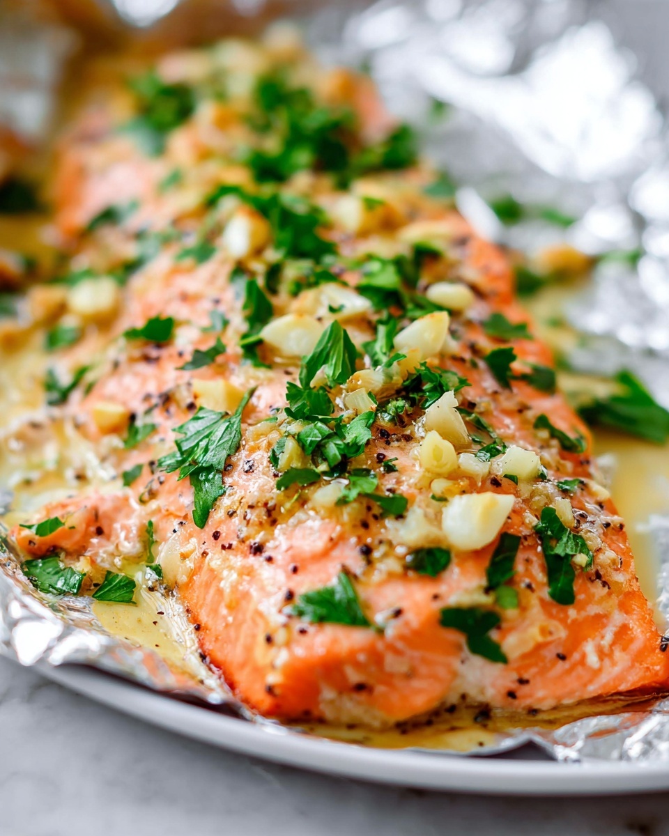 Garlic Lovers Salmon In Foil Recipe 6 Full baking tray lined with crinkled aluminum foil holding a whole baked salmon fillet topped with a melted cheese layer mixed with fresh chopped parsley, minced garlic, and cracked black pepper, the entire vibrant salmon fillet showing its golden-orange skin and moist texture, garnished evenly all over with fresh green herbs, photographed from a 3/4 angle on a white marble background with natural lighting, styled like a hero food magazine shot, photo taken with an iphone --ar 4:5 --v 7