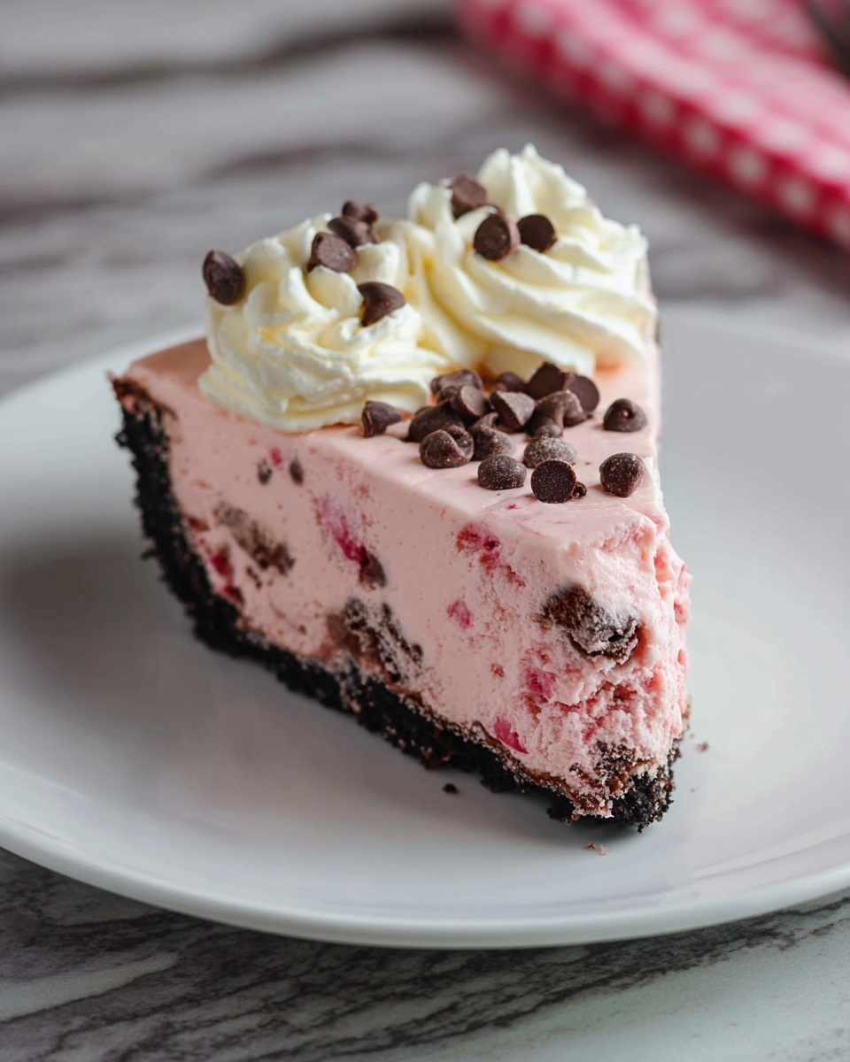 Whole round chocolate cookie crust pie filled and topped with a thick layer of creamy pink raspberry mousse, generously sprinkled with semi-sweet chocolate chips, presented in its black foil pie tin on a wooden surface, professional 3/4 angle shot showing entire dish on white marble background, natural lighting, food magazine hero shot, photo taken with an iphone --ar 4:5 --v 7