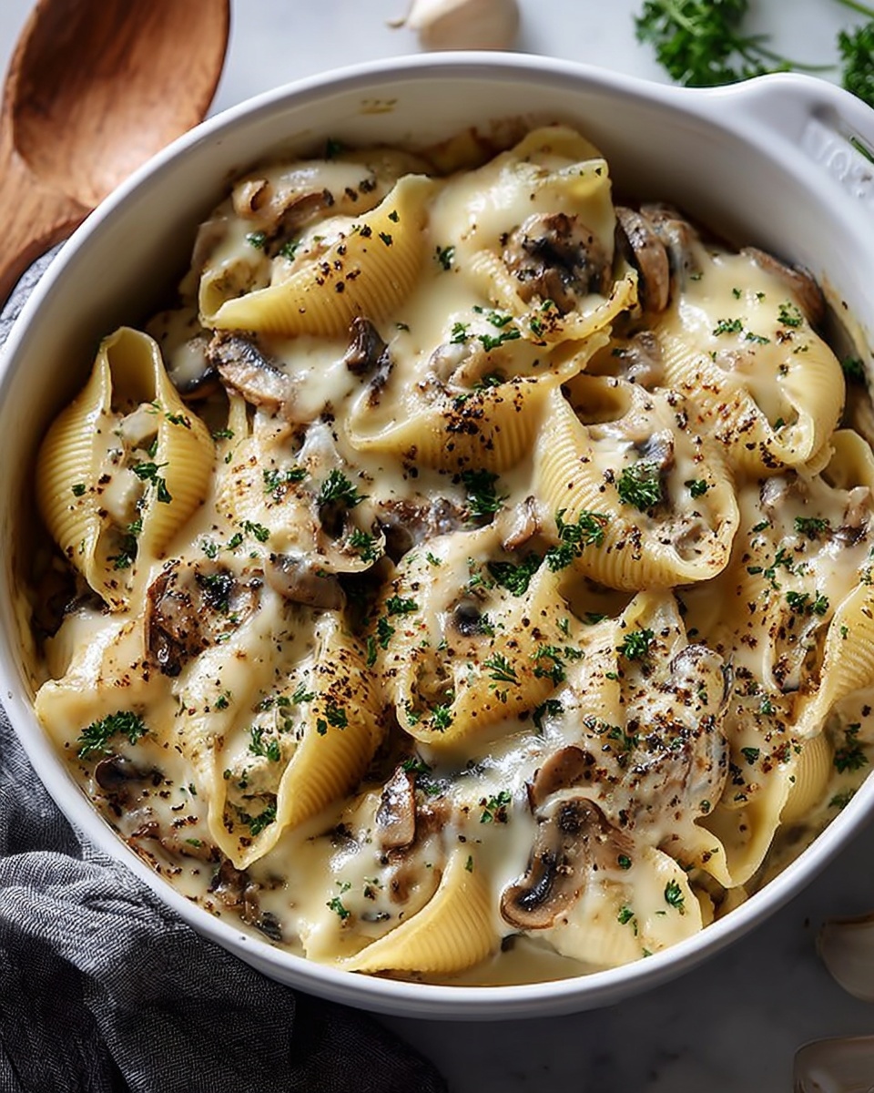 Large white baking dish filled with baked pasta shells generously stuffed with sautéed mushrooms and creamy cheese sauce, topped with melted mozzarella and sprinkled with fresh parsley and cracked black pepper, whole dish shown at a professional 3/4 angle on a white marble background with natural lighting, styled like a food magazine hero shot, photo taken with an iphone --ar 4:5 --v 7