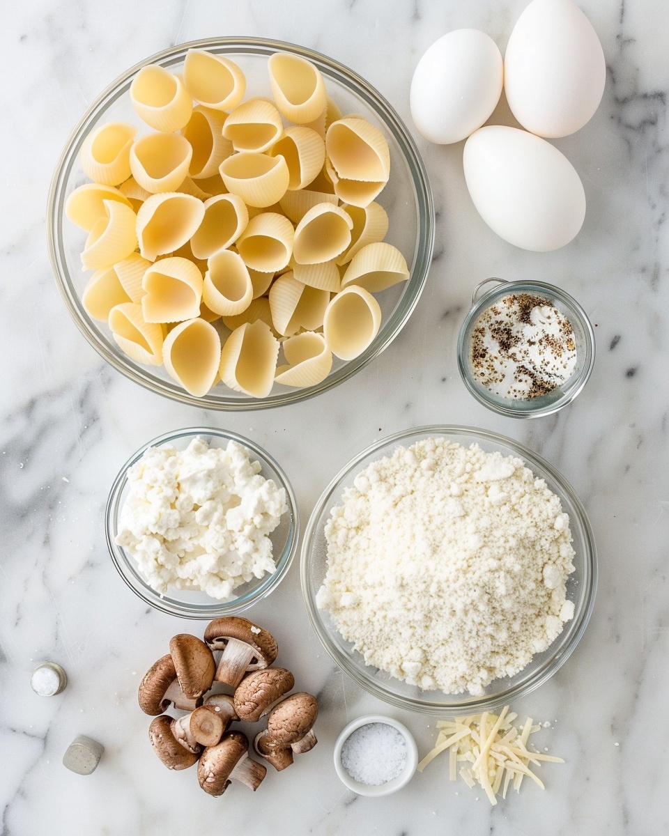 Single white plate with one large pasta shell stuffed with creamy mushroom and cheese filling, topped with melted golden-brown cheese and sautéed mushroom slices, sprinkled with fresh green herbs, close-up angled shot revealing the rich, gooey interior of the stuffed pasta, steam lightly rising, placed on white marble surface, natural lighting, styled as an intimate plated serving from a food blog, photo taken with an iphone --ar 4:5 --v 7