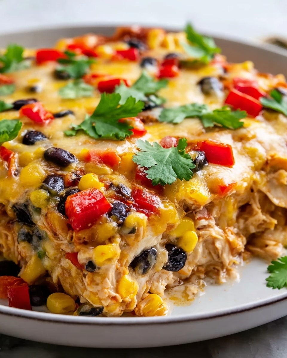 Rustic white rectangular ceramic baking dish filled with a complete, full casserole of baked chicken enchilada layered with melted golden cheese, vibrant yellow corn kernels, black beans, and finely sliced red bell peppers, garnished with fresh green cilantro leaves, shot from a 3/4 angle on a pristine white marble countertop with soft natural lighting, styled like a hero food magazine feature, photo taken with an iphone --ar 4:5 --v 7