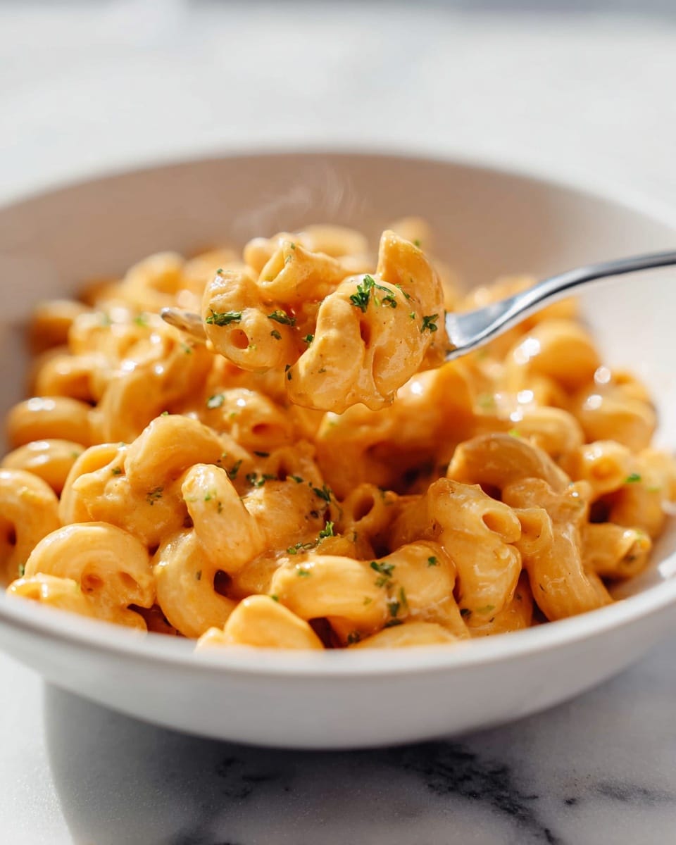Large white serving bowl filled with creamy, rich cavatappi pasta coated evenly in a smooth, velvety cheddar cheese sauce, garnished with finely chopped fresh parsley, whole dish photographed at a 3/4 angle on white marble countertop with natural lighting, professional food styling photo taken with an iphone --ar 4:5 --v 7