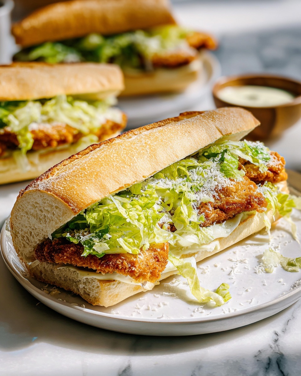 Three whole golden toasted sandwich rolls filled generously with crispy breaded chicken tenders, fresh crisp romaine lettuce tossed in creamy Caesar dressing, and sprinkled with finely grated Parmesan cheese, all placed neatly on a wooden board lined with parchment paper alongside a rustic bowl of extra Caesar salad and a small bowl of creamy dressing, overhead shot on a white marble background with natural lighting, professional food magazine style photo taken with an iphone --ar 4:5 --v 7