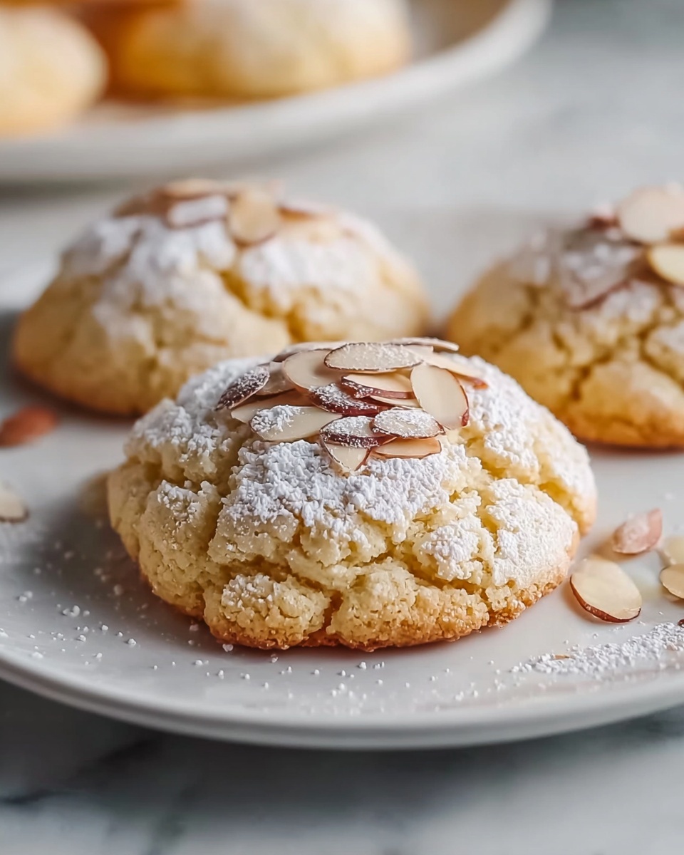 Large white plate arranged with a full batch of freshly baked almond cookies, each cookie perfectly round with a cracked top dusted generously with powdered sugar and topped with thin, toasted almond slices, cookies arranged in a stacked and spread pattern to showcase their soft, crumbly texture, all on a white marble countertop under natural light, professional food styling photo taken with an iphone --ar 4:5 --v 7