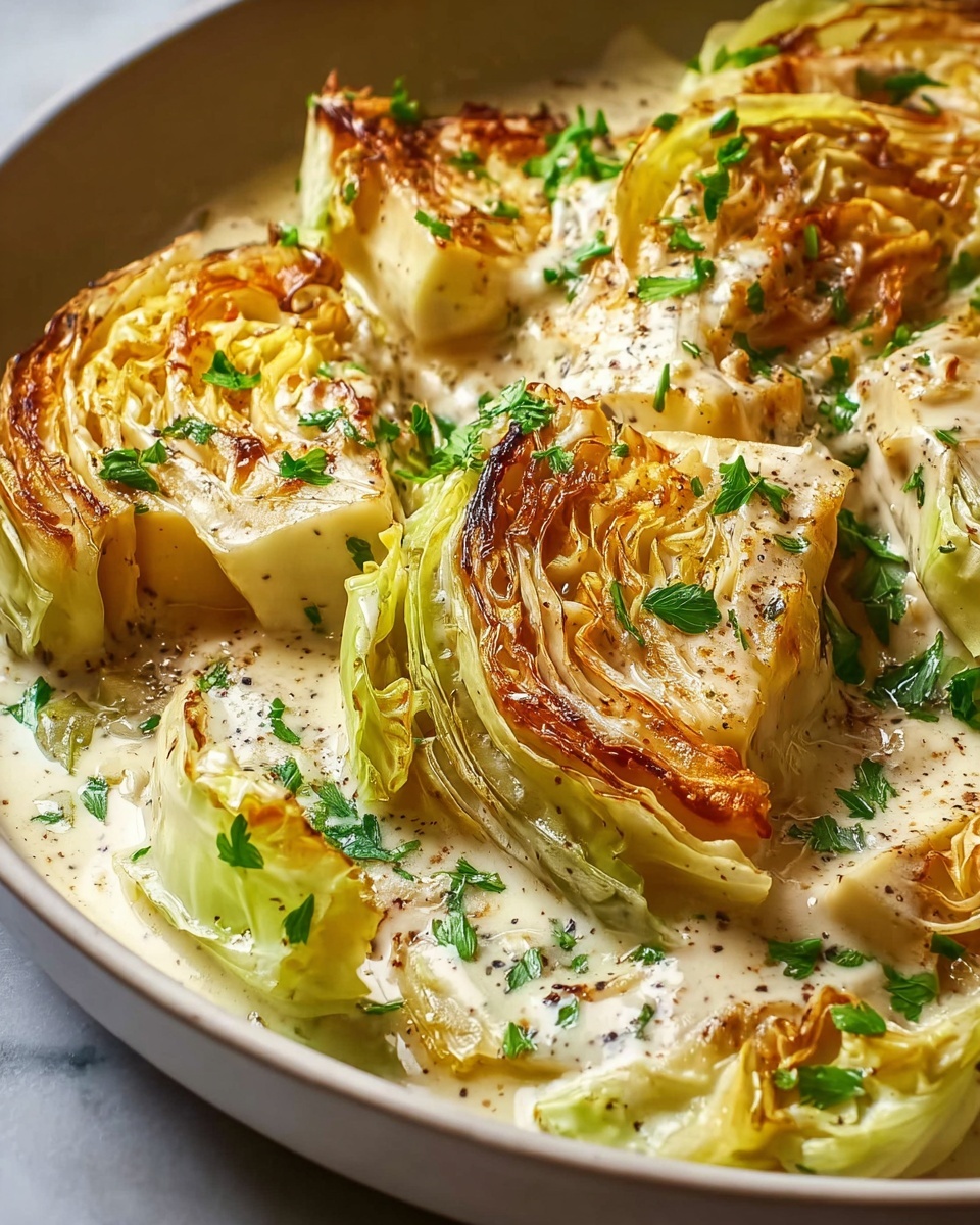 Round white ceramic baking dish filled with a full serving of creamy roasted cabbage casserole, featuring large cabbage roses browned to perfection and nestled in rich, silky sauce, garnished with cracked black pepper and fresh parsley leaves, presented on a white marble surface with natural lighting, captured at a 3/4 angle in professional food magazine style, photo taken with an iphone --ar 4:5 --v 7