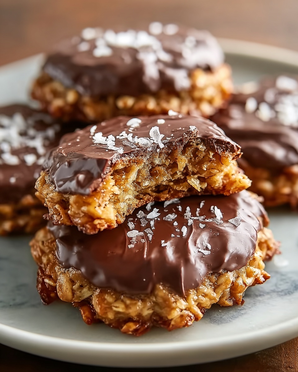A pristine white ceramic plate filled with a full batch of homemade chocolate-dipped coconut macaroon cookies, each cookie generously coated on one side with rich, glossy dark chocolate and lightly sprinkled with flakes of toasted coconut, artfully stacked and arranged to showcase their textured golden-brown coconut base and shiny chocolate tops, shot from a professional 3/4 angle on a white marble countertop with natural light highlighting their decadent layers, styled like a hero image for a gourmet food magazine, photo taken with an iphone --ar 4:5 --v 7