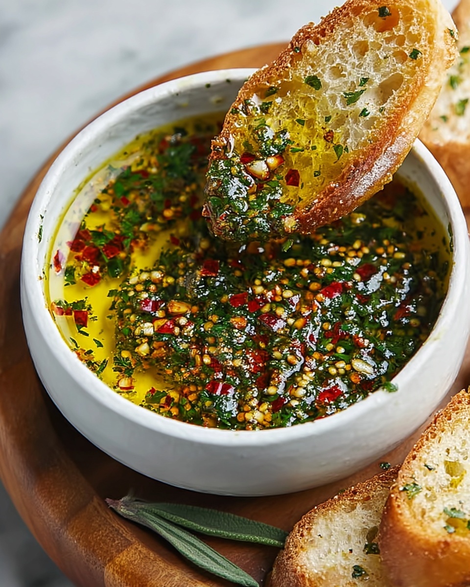 Large white bowl filled with vibrant herb-infused olive oil dip, generously mixed with minced garlic, finely chopped parsley, and crushed red chili flakes, accompanied by several slices of rustic crusty bread on the side, whole presentation shot from a 3/4 angle on a white marble countertop, natural lighting highlighting the rich colors and textures, professional food magazine style photo taken with an iphone --ar 4:5 --v 7