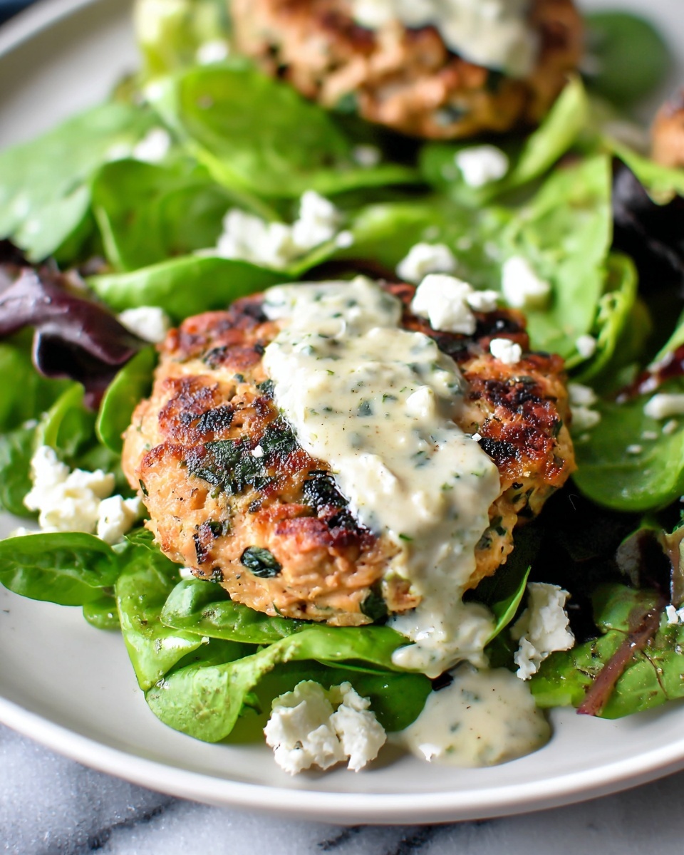 Large white serving platter showcasing several golden-brown grilled chicken patties studded with fresh herbs and charred grill marks, arranged on a bed of vibrant mixed salad greens, garnished with crumbled feta cheese and drizzled with creamy dressing, whole dish beautifully styled and photographed from a 3/4 angle on a white marble countertop with natural lighting, professional food magazine hero shot photo taken with an iphone --ar 4:5 --v 7