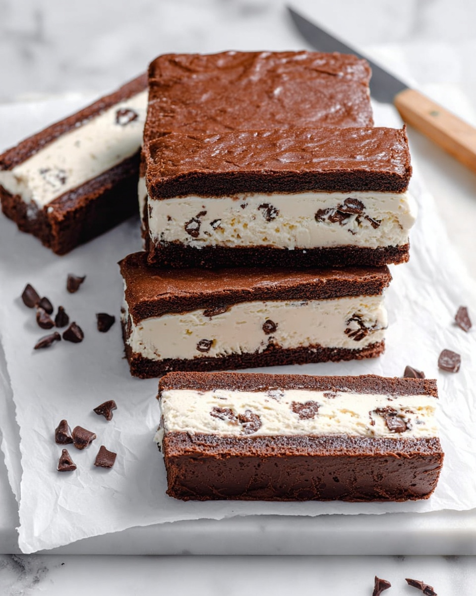Ice Cream Sandwiches Made with Homemade Brownies Recipe 6 Whole large rectangular chocolate ice cream sandwich on a white marble surface, the sandwich featuring thick layers of rich, fudgy chocolate brownie encasing a generous, creamy vanilla ice cream studded with chocolate chunks, the entire uncut ice cream sandwich presented in a clean and glossy state with a few chocolate chips scattered around, photographed from a 3/4 angle with natural lighting, styled professionally for a food magazine hero shot, white background --ar 4:5 --v 7