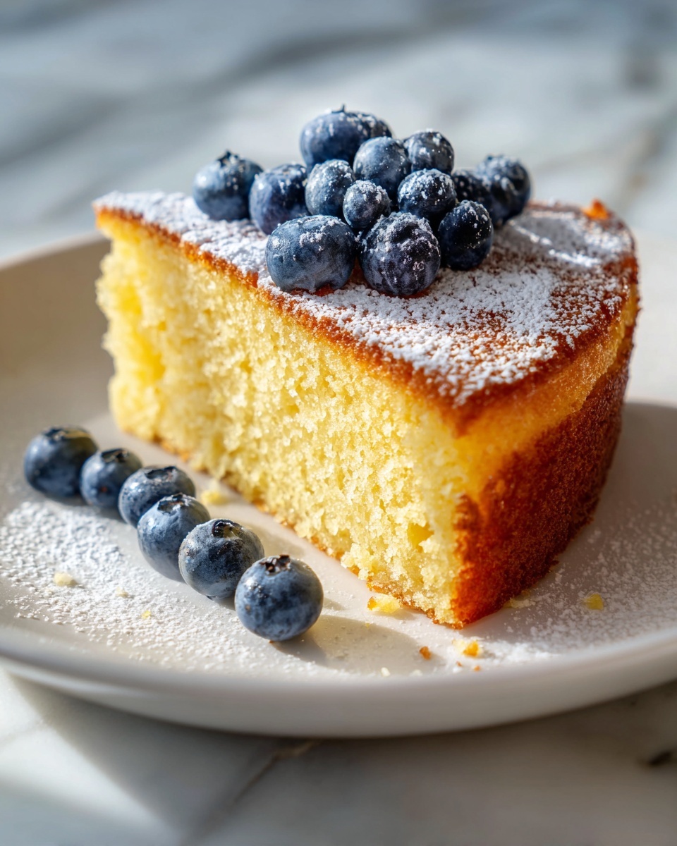 Honey Lemon Almond Flour Cake Recipe 6 Whole round lemon cake with a golden crust, topped with a generous heap of fresh blueberries dusted lightly with powdered sugar, displayed on a white marble cake stand with a wooden base. Surrounding the stand are fresh lemon wedges and a white container filled with plump blueberries, all set against a white marble countertop under natural lighting, showcasing the entire intact cake as a hero food magazine shot, professional and inviting. Photo taken with an iphone --ar 4:5 --v 7