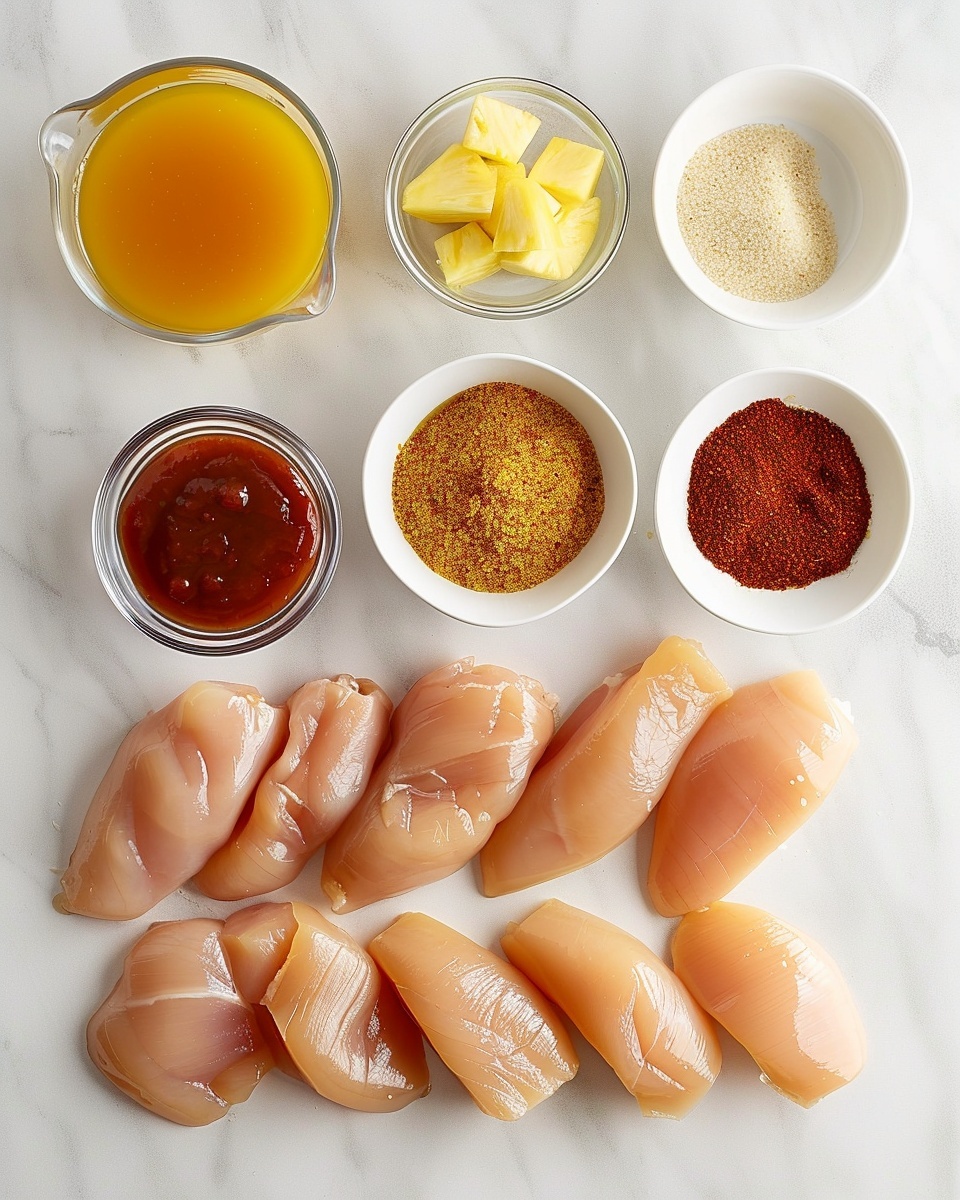 Single white plate with one perfectly grilled chicken fillet glazed with a shiny, caramelized pineapple marinade, visible char marks and a sprinkling of fresh green herbs, accompanied by a ring of grilled pineapple showing caramelized texture, close-up angle emphasizing the juicy interior of the chicken and the glossy glaze, placed on a white marble surface with natural lighting, styled as an intimate plated serving from a food blog, photo taken with an iphone --ar 4:5 --v 7