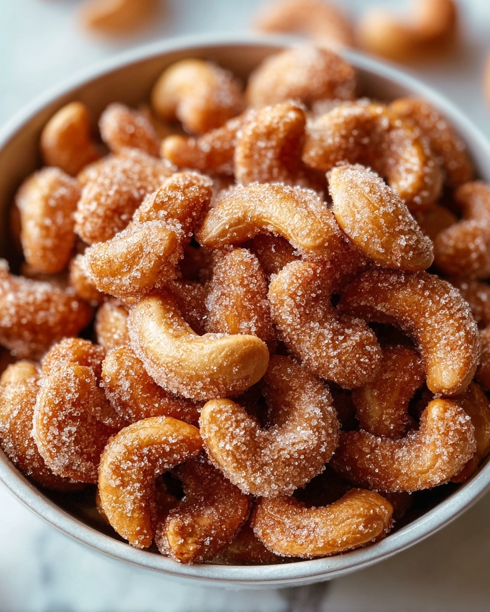 Sweet and Crunchy Candied Cashews Made Easy at Home Recipe 6 Large white bowl brimming with an abundant batch of golden-brown cinnamon sugar cashews, each nut generously coated with a sparkling layer of cinnamon sugar crystals, creating a textured and inviting surface, the whole dish photographed from above on a white marble countertop, natural lighting highlighting the rich warm tones and sugary coating, professional food styling photo taken with an iphone --ar 4:5 --v 7