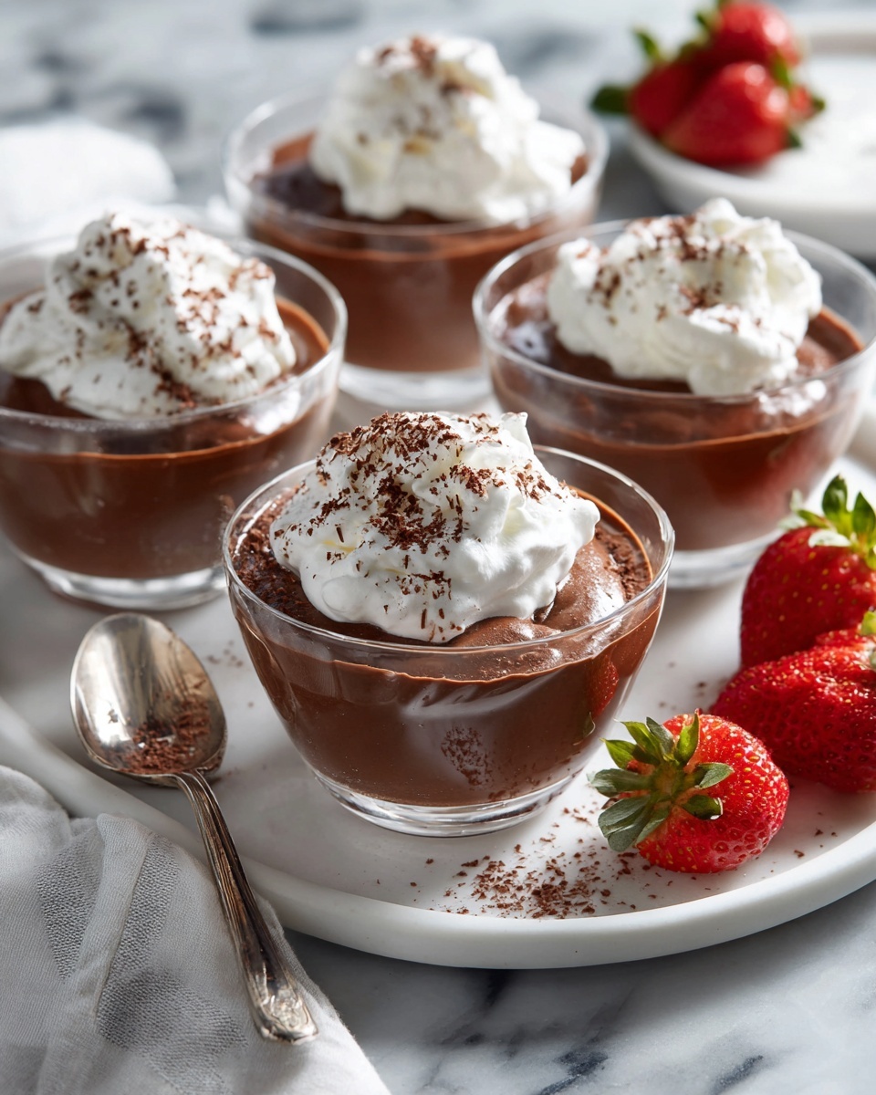 Large white serving tray featuring multiple glass bowls filled with rich, creamy chocolate pudding topped generously with fluffy whipped cream and a light dusting of cocoa powder, arranged elegantly with fresh strawberries on the side, all placed on a white marble countertop under natural lighting, shot from a 3/4 angle like a professional food magazine hero shot, photo taken with an iphone --ar 4:5 --v 7
