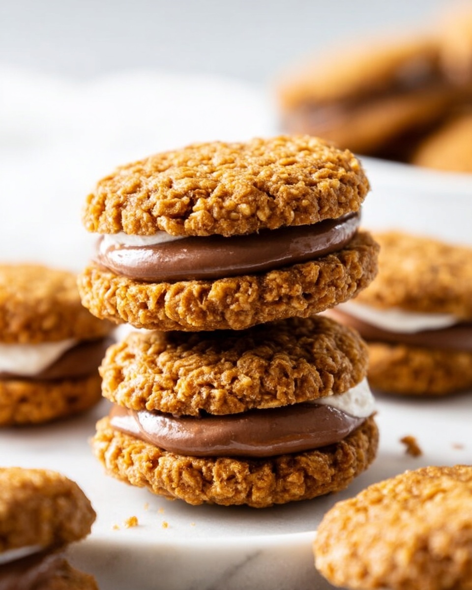 Large white rectangular platter filled with an array of golden oat cookies, some paired neatly with creamy chocolate filling to form sandwich cookies, all arranged on crinkled white parchment paper, showcasing the textured oats and rich creamy center, photographed from above on a white marble countertop, natural lighting, professional food styling photo taken with an iphone --ar 4:5 --v 7