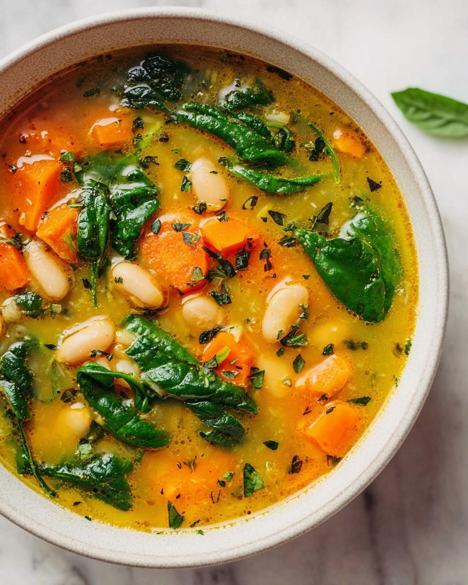 Large white bowl filled with a vibrant, wholesome vegetable and bean soup featuring chunky orange sweet potatoes, whole white beans, and fresh green spinach and cilantro leaves floating in a rich, golden broth, garnished with cracked black pepper, photographed from a professional 3/4 angle on a white marble countertop under natural light, showcasing the entire serving in an appealing, magazine-style hero shot, photo taken with an iphone --ar 4:5 --v 7