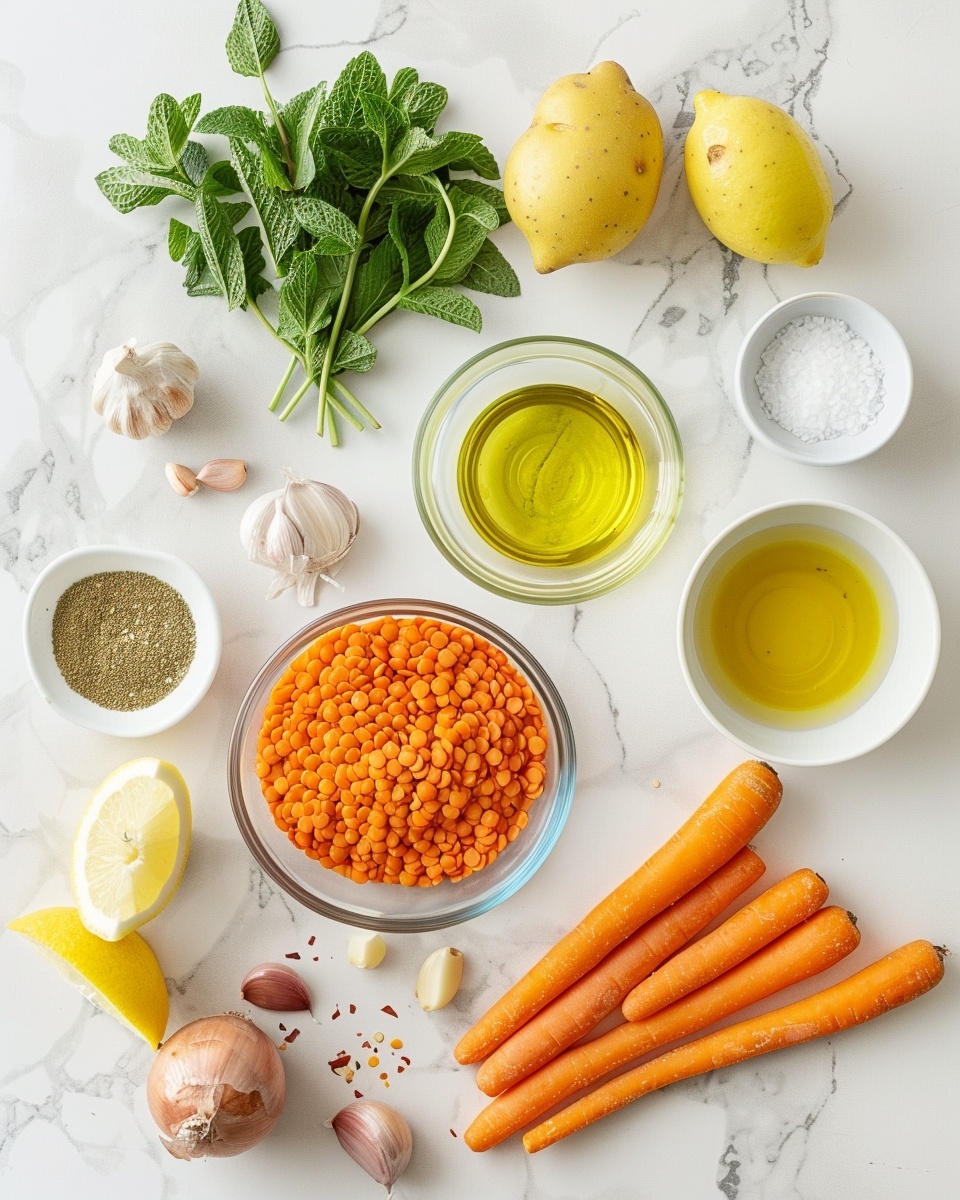 Single white bowl containing a close-up view of a thick, creamy yellow lentil soup with a smooth, hearty texture, swirled with vibrant reddish-orange chili oil and garnished with finely chopped fresh green herbs, two lemon wedges resting on the side of the bowl, all placed on a white marble surface with a bite about to be lifted by a spoon held by a woman’s hand, showcasing the rich, cozy interior and fresh garnishes in natural lighting, styled like an inviting food blog serving, photo taken with an iphone --ar 4:5 --v 7