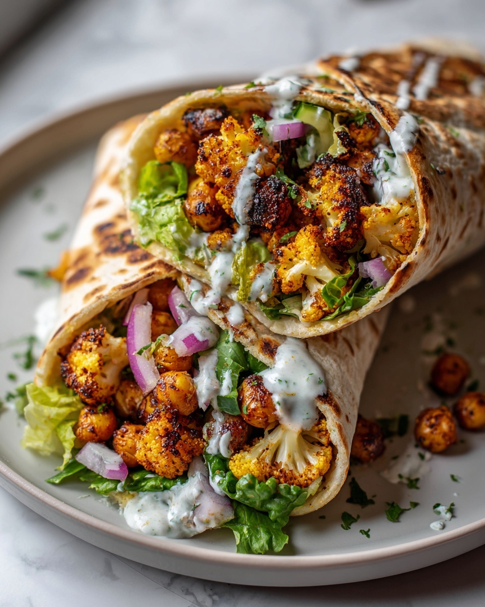 Two large white plates each displaying a whole, uncut chickpea and roasted cauliflower wrap, filled generously with spiced chickpeas, roasted cauliflower florets, crisp romaine lettuce, chopped red onions, fresh herbs, and a creamy white sauce drizzled inside soft, golden grilled tortillas, arranged side by side on a white marble countertop with natural lighting, styled as a vibrant hero food magazine shot showing the entire wraps in frame, professional food photography photo taken with an iphone --ar 4:5 --v 7