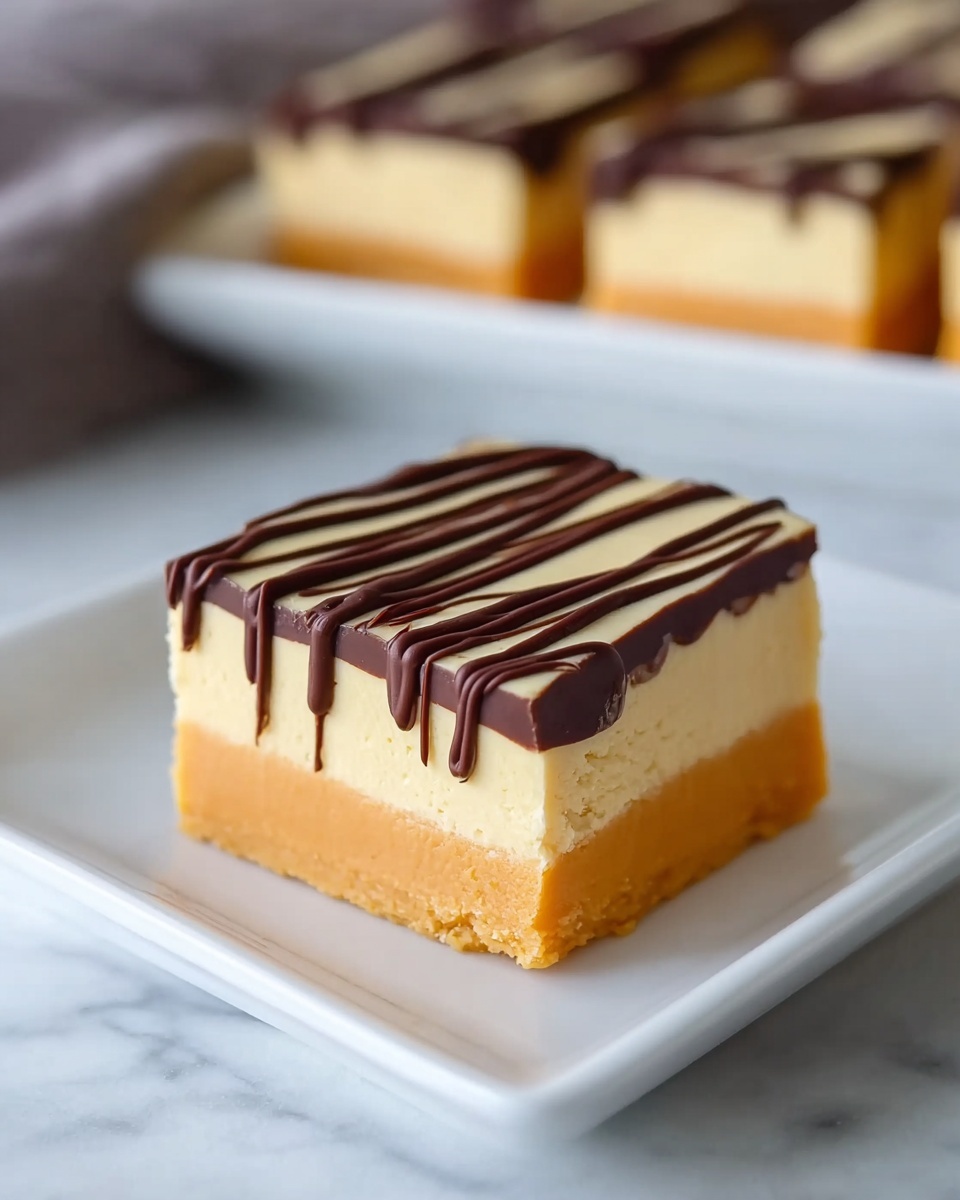 A large white rectangular platter displaying a full batch of creamy peanut butter fudge squares with a smooth, layered texture of rich peanut butter base topped by a thick, silky vanilla layer, all adorned with elegant drizzles of dark chocolate on each piece, arranged neatly in rows to showcase the complete, uncut confection, photographed from a three-quarter angle on a white marble background with natural lighting, styled as a professional food magazine hero shot, photo taken with an iphone --ar 4:5 --v 7