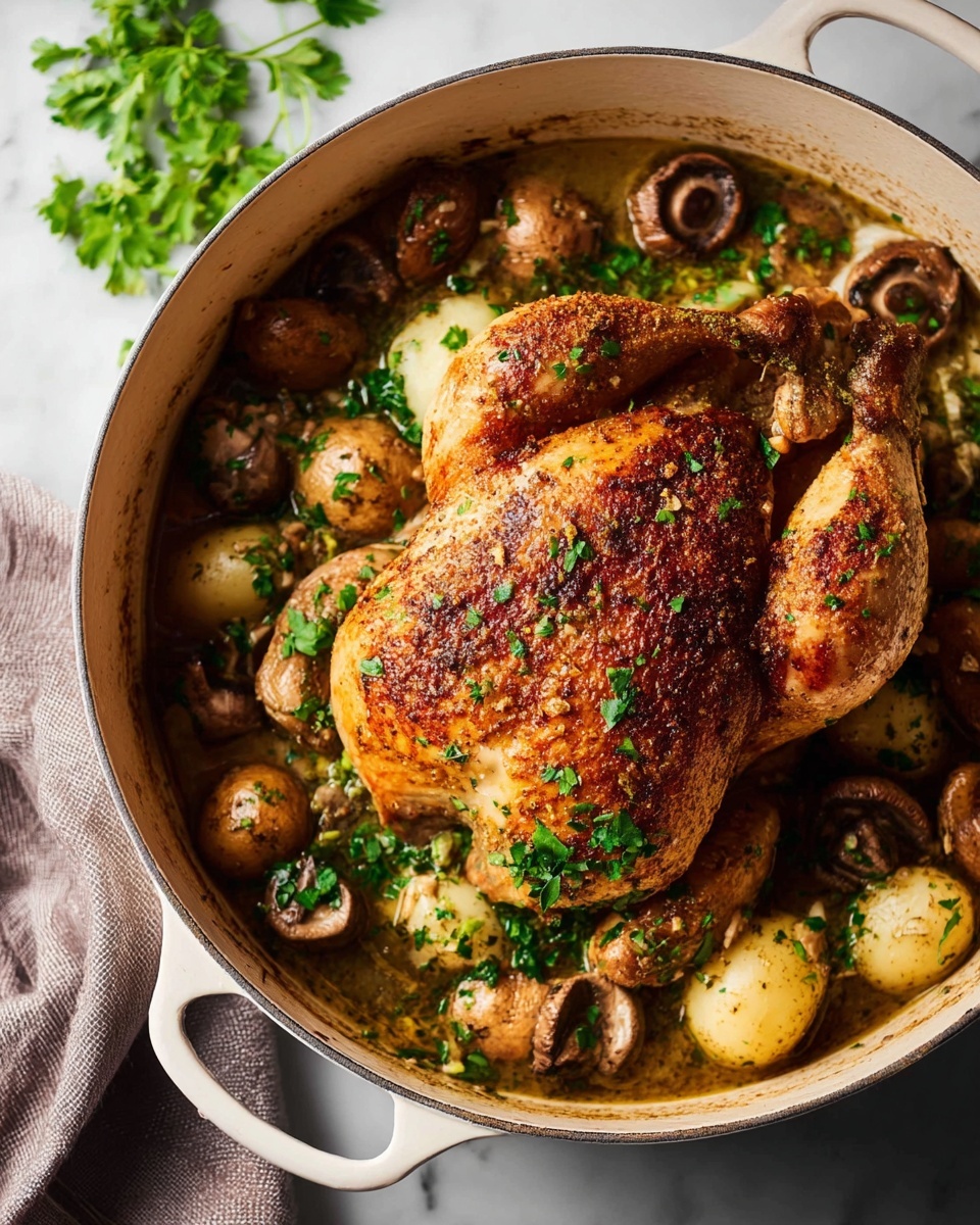 Large white enameled cast iron pot filled with a whole roasted golden-brown seasoned chicken resting on a bed of roasted baby potatoes and mushrooms, garnished generously with fresh parsley over a pool of fragrant herb-infused broth, captured in a professional 3/4 angle food magazine style photo on a white marble countertop with natural lighting, showcasing the entire hearty dish in frame, photo taken with an iphone --ar 4:5 --v 7
