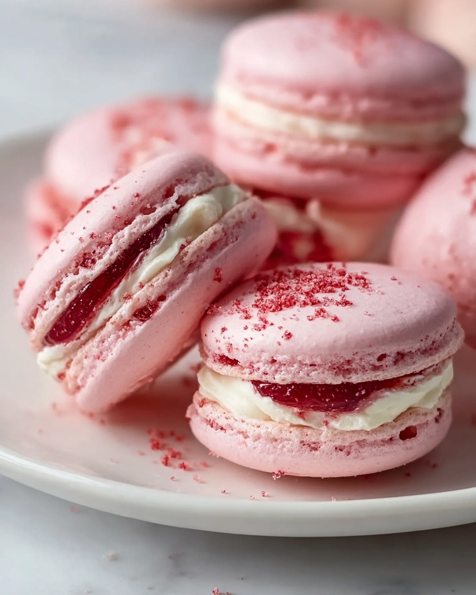 Strawberry Shortcake Macarons Recipe 6 A large white rectangular serving platter filled with an array of perfectly formed pink macarons, each with a smooth top sprinkled with finely crushed red crumbs, sandwiching a generous layer of creamy white filling and glossy red jam visible in the center, the macarons arranged neatly together to showcase the full batch, shot from a 3/4 angle on a white marble background with natural lighting, styled as a professional food magazine hero shot, photo taken with an iphone --ar 4:5 --v 7