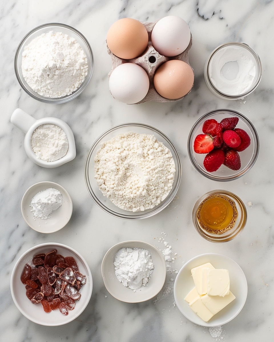 Strawberry Shortcake Macarons Recipe 5 Single white plate featuring one pink macaron with a smooth, crisp shell and a delicate ruffled edge, sliced in half to reveal the creamy white filling and a layer of glossy red jam inside, close-up angled shot highlighting the contrast between the airy shell and rich interior, sprinkled with tiny red crumbs on top, set on white marble surface with natural lighting, styled like an elegant individual dessert photo taken with an iphone --ar 4:5 --v 7
