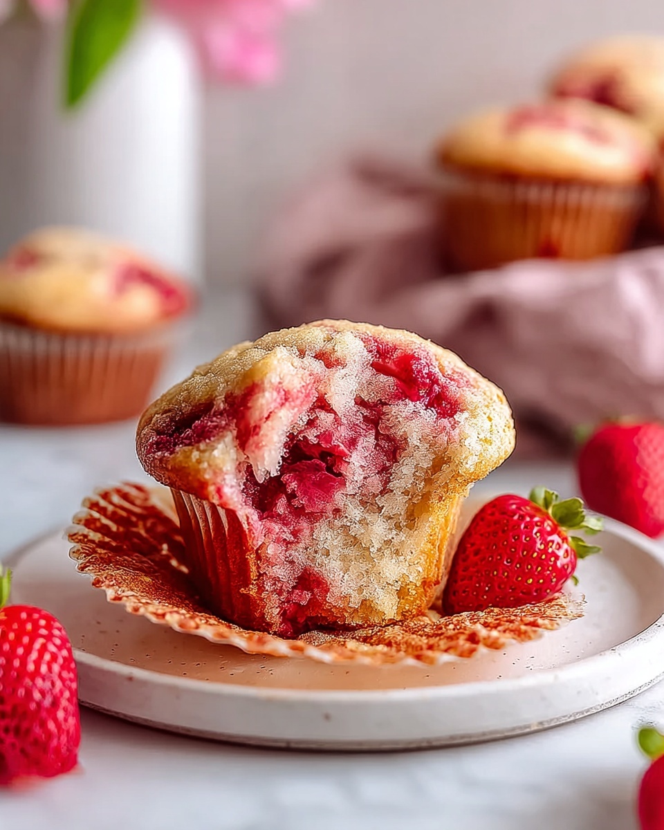 A white rectangular platter elegantly arranged with a complete batch of six strawberry muffins, each muffin golden-brown with vibrant red strawberry pieces embedded on top and throughout. The muffins have a slightly domed top with a sugary sparkle, showcasing a fresh homemade texture. Surrounding the platter are soft pink flowers and a small white bowl full of fresh strawberries, all set against a pristine white marble countertop with natural lighting that highlights the warmth and freshness of the muffins, professional food magazine hero shot photo taken with an iphone --ar 4:5 --v 7