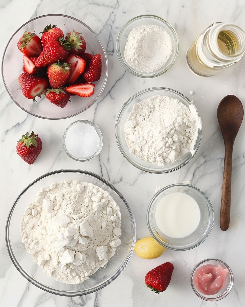 Single white plate holding one strawberry muffin with the paper liner peeled back, revealing the tender, moist interior studded with visible chunks of fresh strawberries, close-up angled shot emphasizing crumb texture and vibrant red berry pieces, set on a white marble surface with soft natural light, styled like a food blog serving, fresh whole strawberries placed casually nearby enhancing color contrast, intimate plated serving photo taken with an iphone --ar 4:5 --v 7