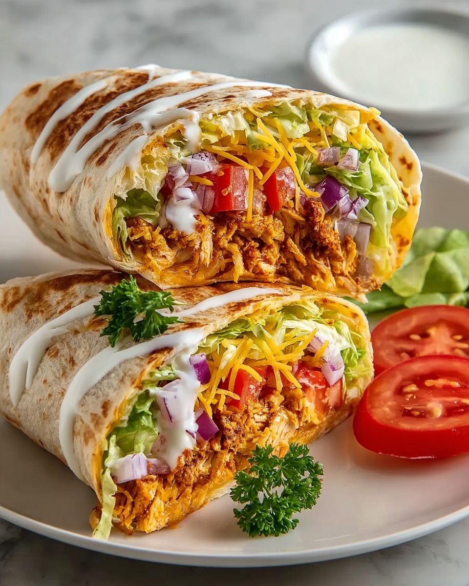 Large white oval platter piled high with a full batch of vibrant wraps, each generously filled with a colorful medley of fresh lettuce, ripe tomato slices, shredded cheddar cheese, crisp red onions, and a flavorful spiced filling, drizzled with creamy ranch dressing and garnished with chopped parsley, the entire dish captured in a professional 3/4 angle shot on a white marble background with natural lighting, resembling a stunning hero shot from a food magazine, photo taken with an iphone --ar 4:5 --v 7