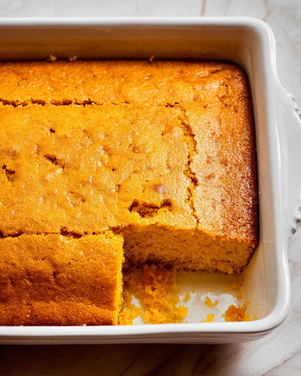Large white rectangular baking dish filled with freshly baked golden cornbread, showcasing a smooth, slightly cracked top with a moist and tender crumb visible throughout the entire uncut pan, placed on a white marble countertop with natural lighting highlighting the warm texture, professional food magazine hero shot, photo taken with an iphone --ar 4:5 --v 7