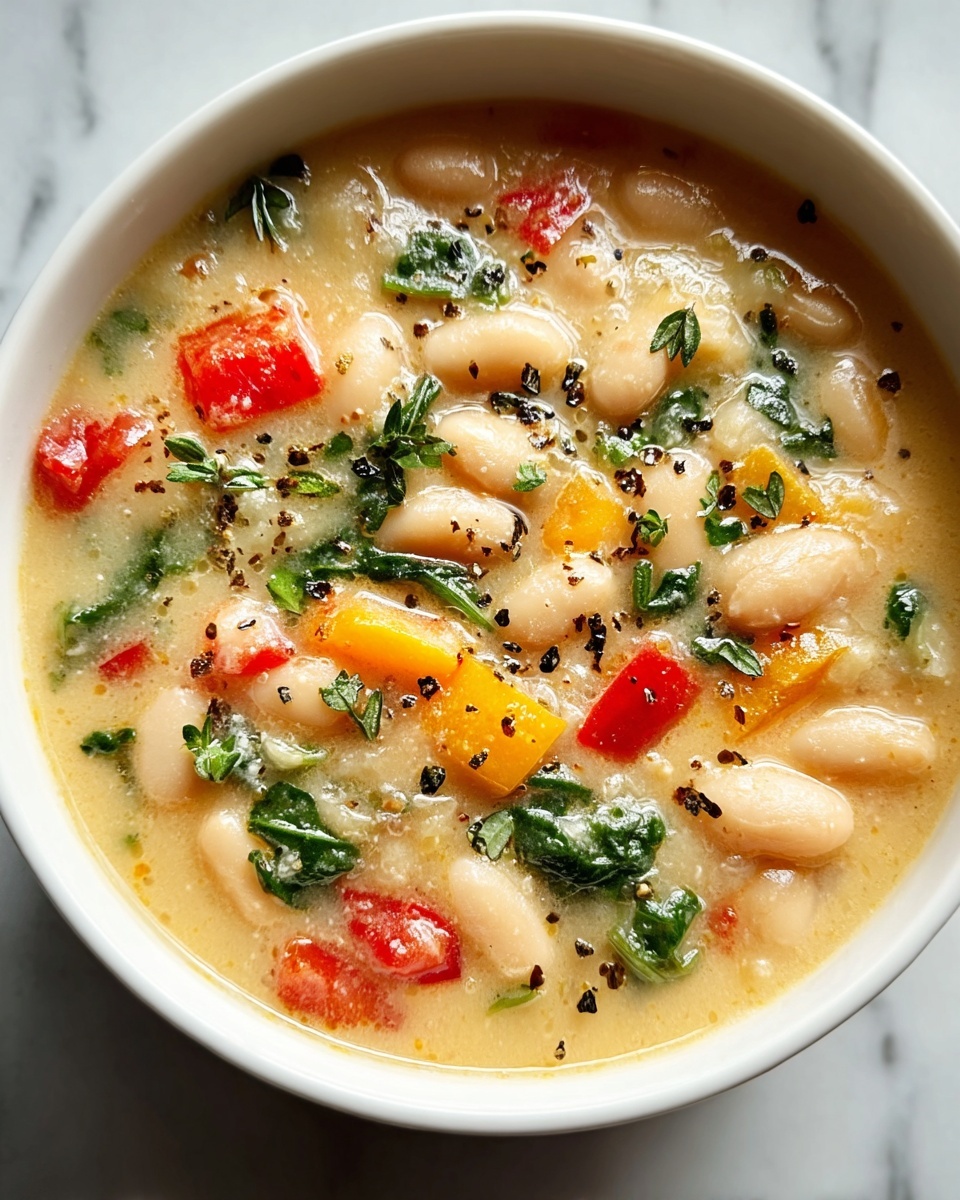 Large white ceramic soup pot filled with creamy white bean and vegetable soup, showcasing whole white beans, diced red and yellow bell peppers, fresh chopped parsley, and a light broth speckled with cracked black pepper, pot placed on a white marble countertop with natural light highlighting the vibrant colors and textures, professional 3/4 angle food magazine style photo taken with an iphone --ar 4:5 --v 7