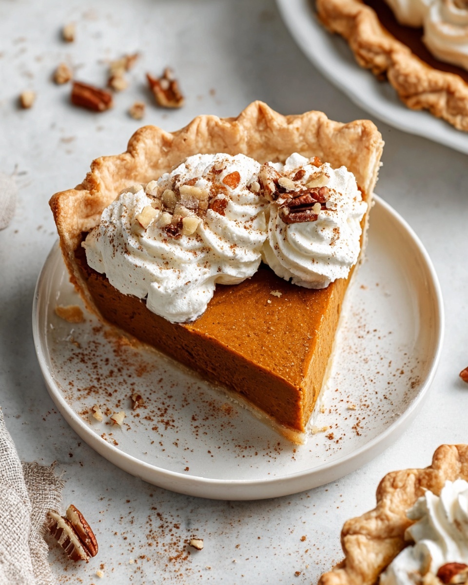 Whole pumpkin pie in a white ceramic pie dish, featuring a perfectly golden, fluted crust and smooth spiced pumpkin filling topped with a dollop of whipped cream and sprinkled with chopped pecans, surrounded by small bowls of whipped cream and chopped pecans, a white mini pumpkin, and scattered cinnamon and pecan pieces on a white marble surface, natural lighting highlighting the textures, photographed from overhead with professional food styling, photo taken with an iphone --ar 4:5 --v 7