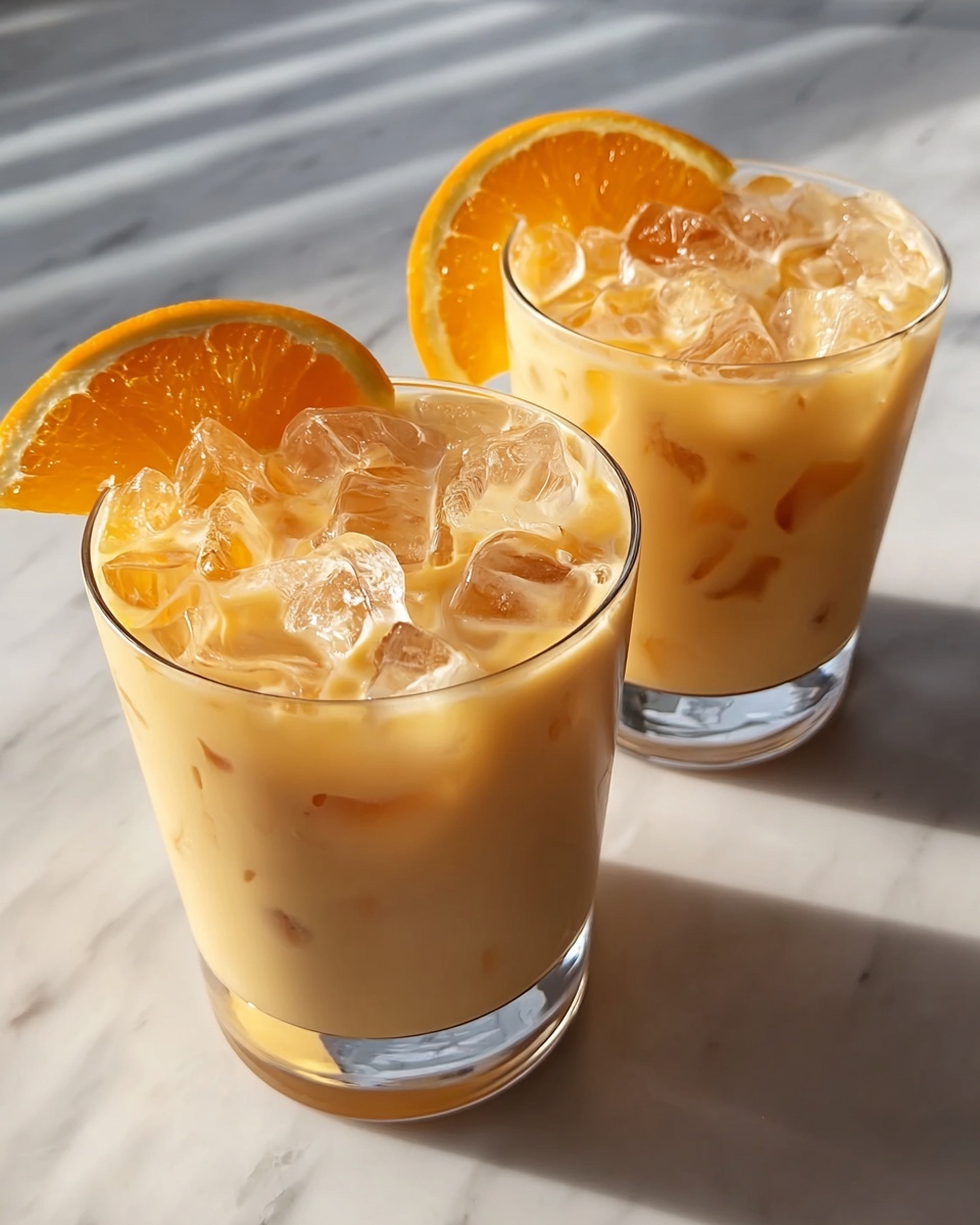 Two clear white glasses filled with creamy orange cocktail topped generously with ice cubes, each garnished with a fresh orange slice on the rim, arranged together on a white marble countertop with natural lighting, photographed from a 3/4 angle as a professional hero shot for a food magazine, photo taken with an iphone --ar 4:5 --v 7