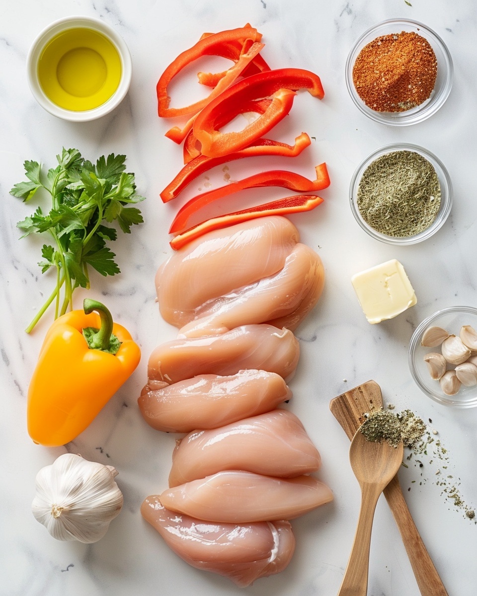 Single white plate holding one perfectly cooked chicken thigh topped with melted cheddar and mozzarella cheese, sautéed yellow and red bell pepper strips layered underneath, fresh parsley sprinkled on top, close-up angle emphasizing the juicy, tender chicken texture beneath the creamy cheese, vibrant colors of the peppers contrasting with the golden-browned chicken skin, served on a white marble surface with natural lighting, styled as a ready-to-eat individual portion, photo taken with an iphone --ar 4:5 --v 7