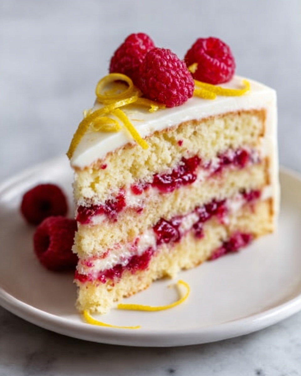 A full, three-layer round cake presented on a white plate, each layer with thick, vibrant raspberry filling and rich creamy frosting smoothly spread over the entire cake. The top is elegantly decorated with fresh raspberries and delicate lemon peel curls, with a glossy, flawless finish on the frosting. The entire cake is captured from a 3/4 angle, centered on a white marble countertop with soft natural lighting, styled to highlight the moist texture and fresh ingredients, photo taken with an iphone --ar 4:5 --v 7