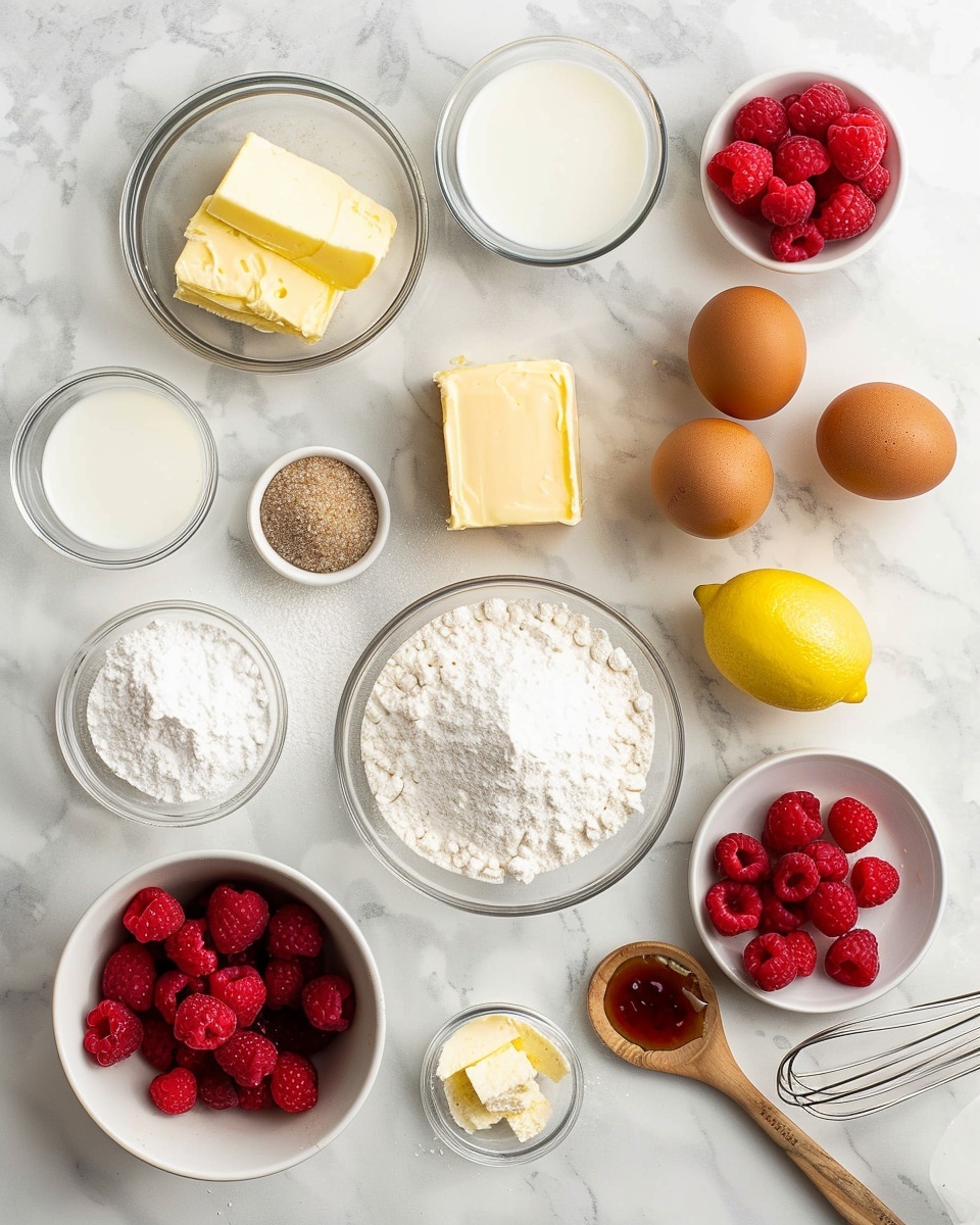 A single white plate featuring one slice of layered lemon raspberry cake, angled to reveal moist yellow cake layers separated by vibrant red raspberry filling with visible seeds and creamy white frosting both on top and between the layers, garnished delicately with fresh raspberries and thin lemon zest curls, all presented on a white marble surface under natural light, highlighting the rich texture and freshness of the slice, styled like a food blog serving, photo taken with an iphone --ar 4:5 --v 7