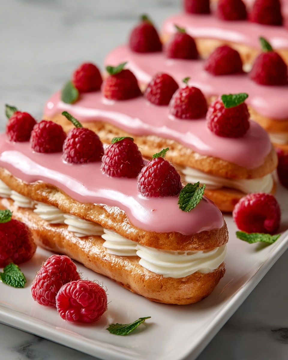 Long white rectangular platter beautifully arranged with a full dozen of classic éclairs, each topped with smooth pink raspberry glaze and filled with luscious piped vanilla cream, garnished with fresh vibrant raspberries and small mint leaves scattered artfully around, whole selection photographed from a 3/4 angle on white marble countertop under natural lighting, professional food styling photo taken with an iphone --ar 4:5 --v 7
