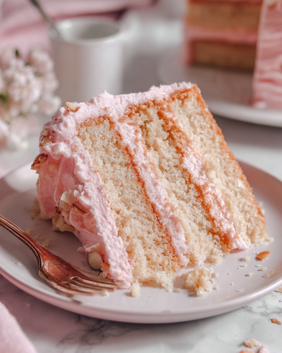 Entire round pink cake with smooth pastel pink frosting, decorated all around with adorable white bunny faces made of piped icing, topped with a border of large pink rosettes and sprinkled with finely chopped nuts in the center and sides, presented on a white cake stand with a golden base liner, photographed from a 3/4 angle on a white marble background under natural lighting, professional food magazine hero shot photo taken with an iphone --ar 4:5 --v 7