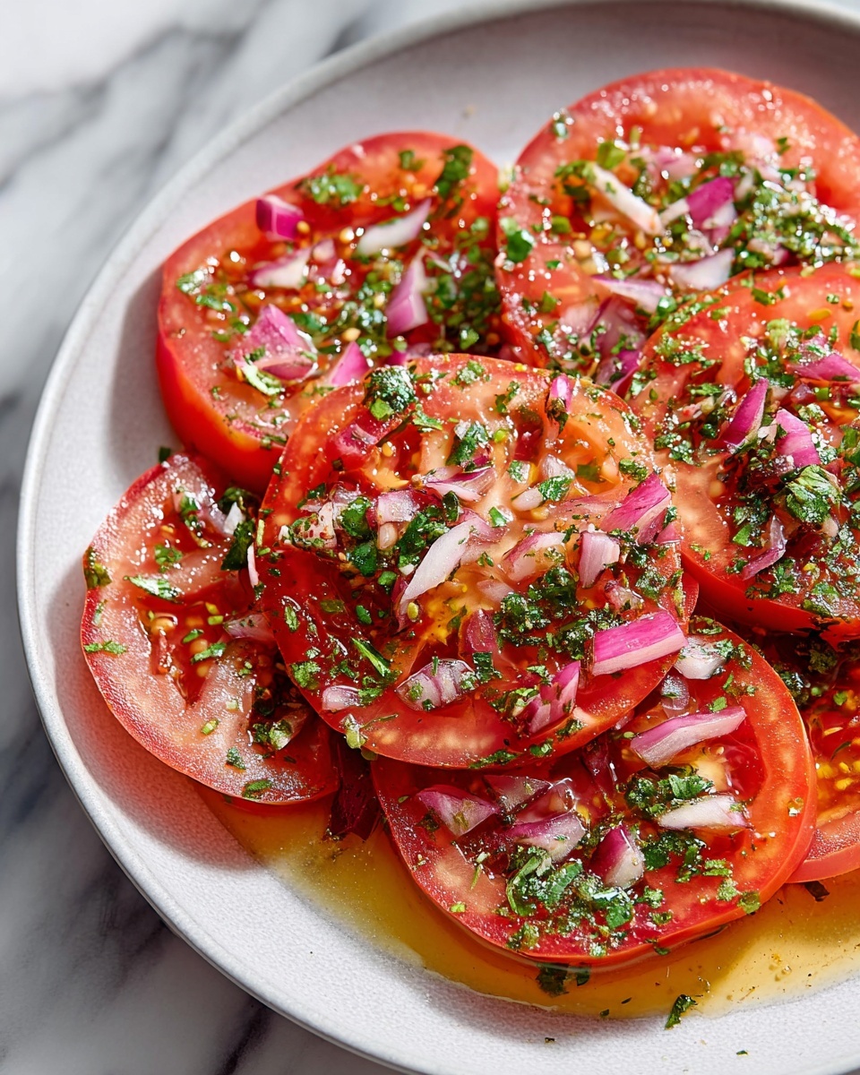 Large white serving bowl filled with whole fresh tomato salad, featuring vibrant red tomatoes sliced thick and evenly layered, tossed with finely chopped red onions, fresh parsley, basil, and dill, all glistening with a light olive oil dressing, garnished with whole basil leaves around the bowl, presented on a white marble countertop under natural lighting, professional 3/4 angle food magazine style photo taken with an iphone --ar 4:5 --v 7
